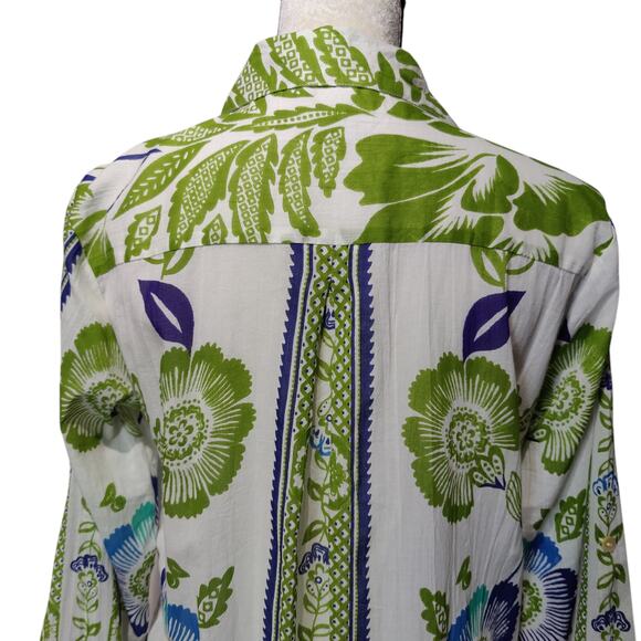 Haute Hippie Sz XS Green White Long Sleeve Floral Button Front Shirt Dress - Picture 9 of 10